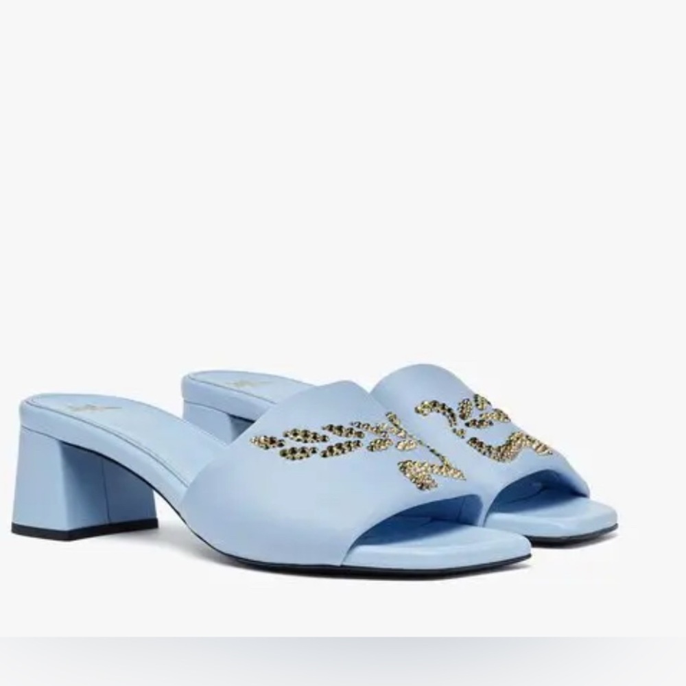 MCM Strass - Light Blue Mules with Gold Accents